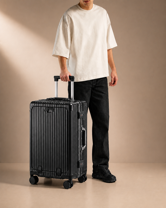 Appledore Front-Opening Cabin Suitcase with USB Port - 20/24 Inch - lifestyle studio product photo with model