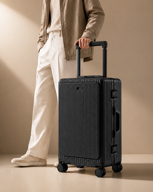 Polperro Aluminium Frame Cabin Suitcase with Cup Holder - 20/24/26 Inch - lifestyle studio view. Clean premium studio product photography with smooth background and polished suitcase finish.