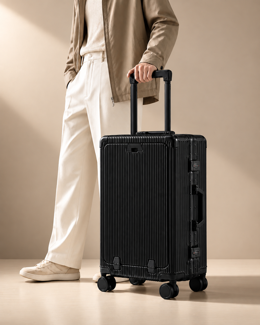 Sennen black cabin suitcase in lifestyle studio shoot, aluminium frame carry-on luggage with smooth spinner wheels