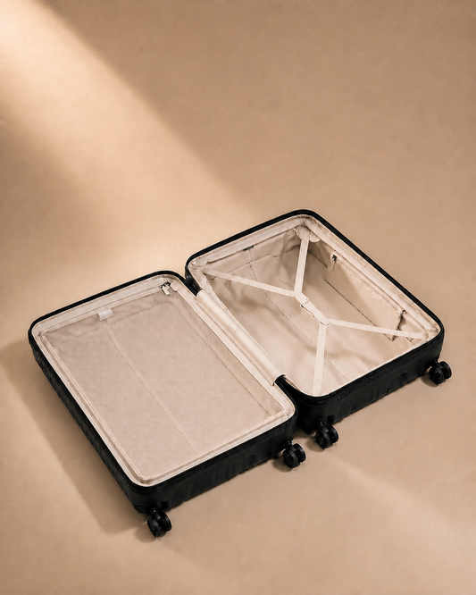Gunwalloe cabin suitcase open interior with organised compartments and straps