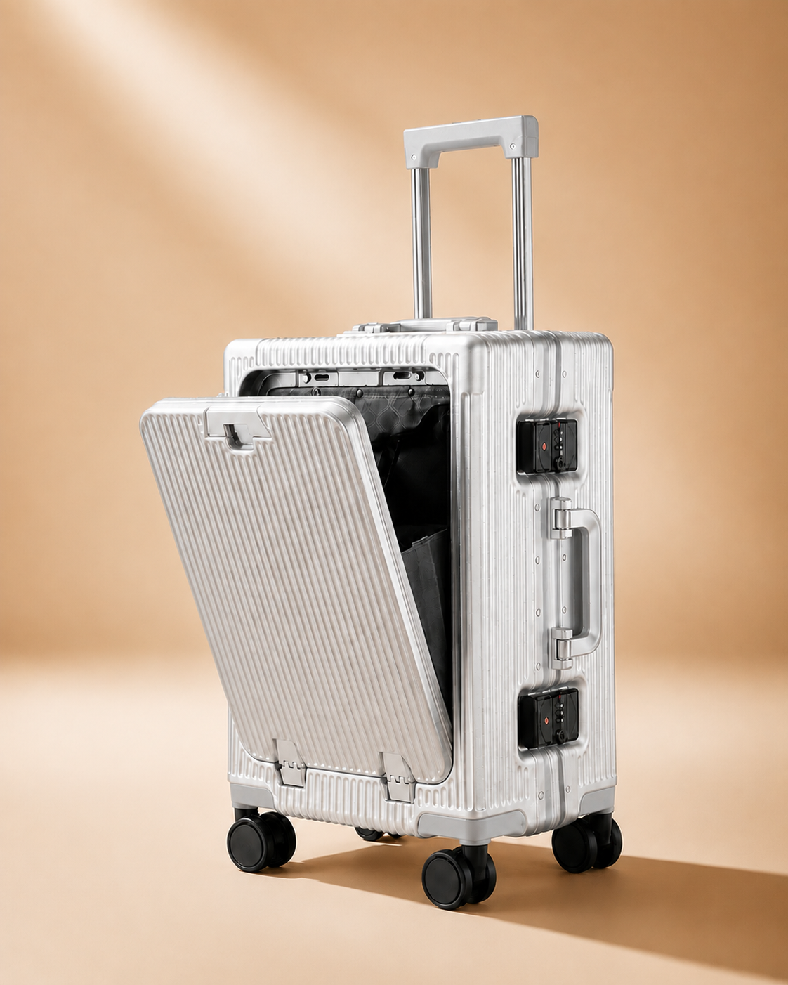 Talland front-opening cabin suitcase in silver, premium studio product view