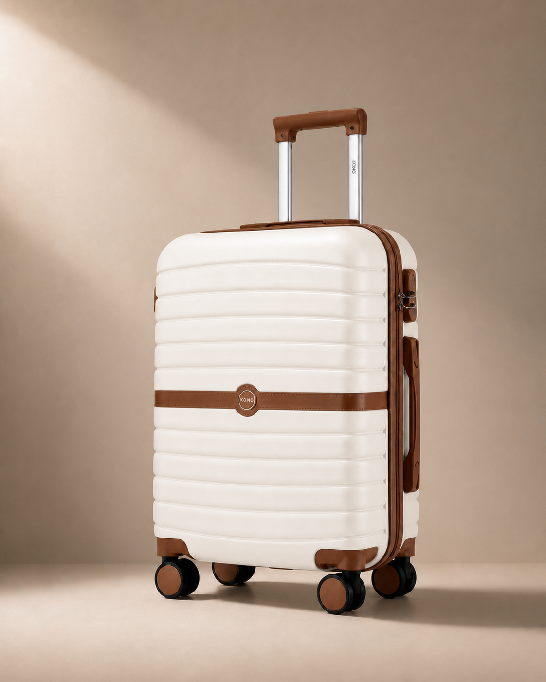 White Padstow lightweight hard shell cabin suitcase with brown trim