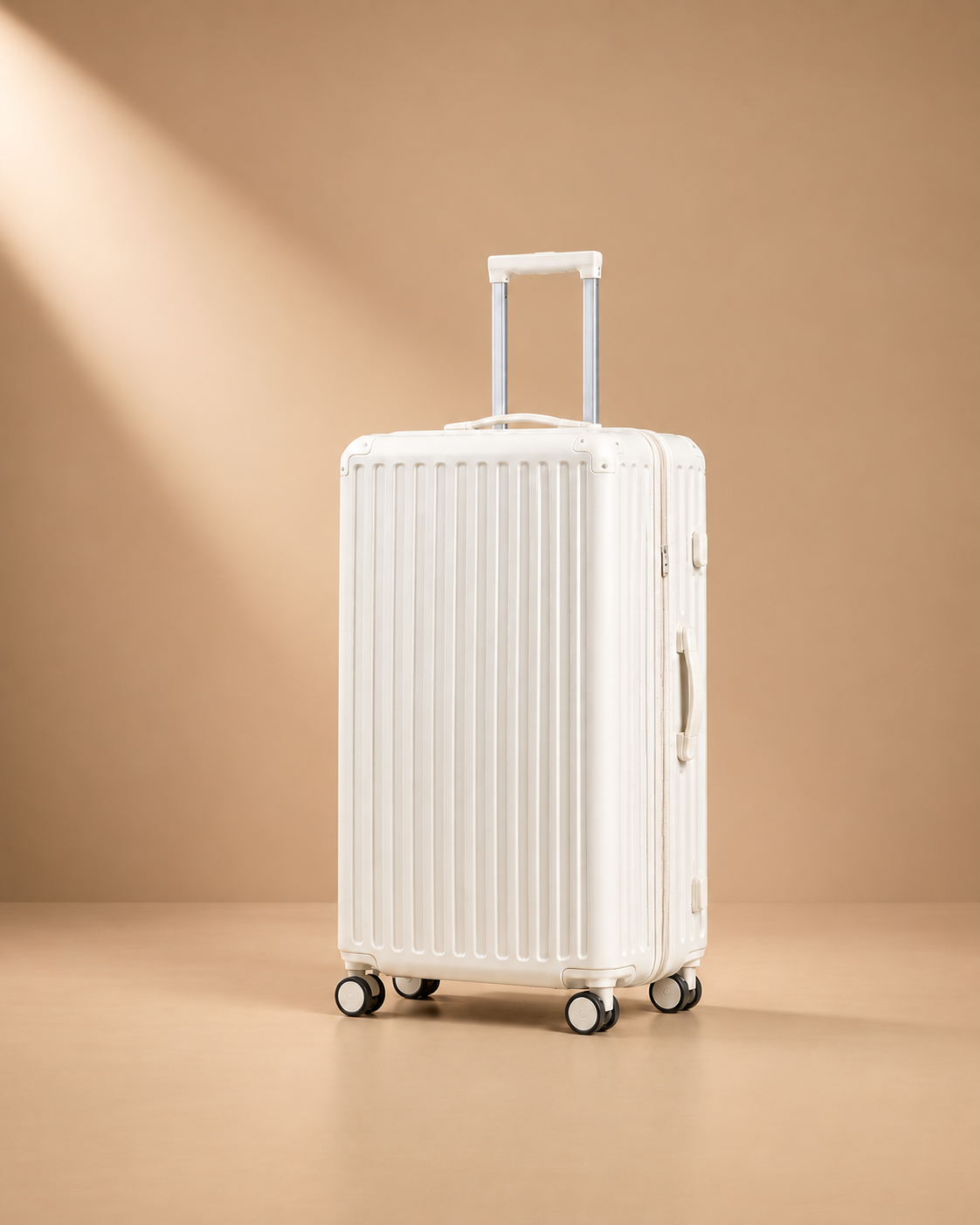 Tresaith white hard shell cabin suitcase with ribbed shell, telescopic handle and premium spinner wheels