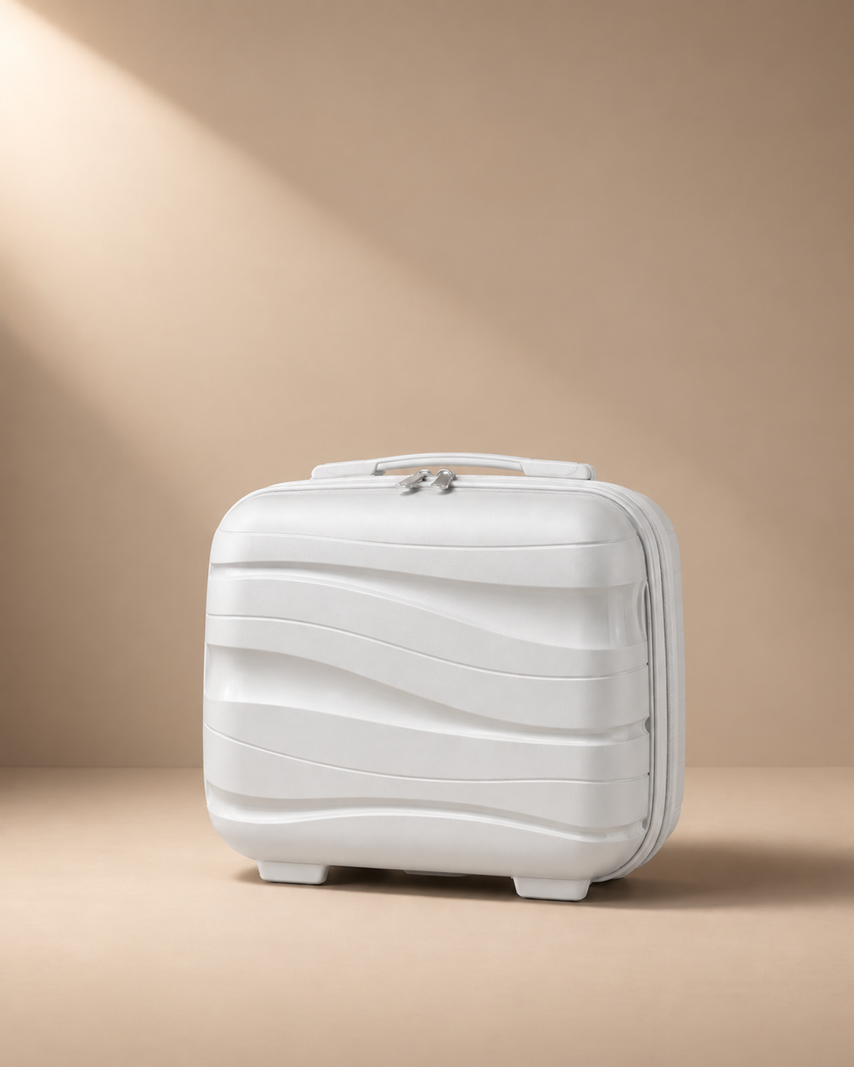 Housel white 14 inch hard shell travel makeup case with clean wave front design in a premium studio image.