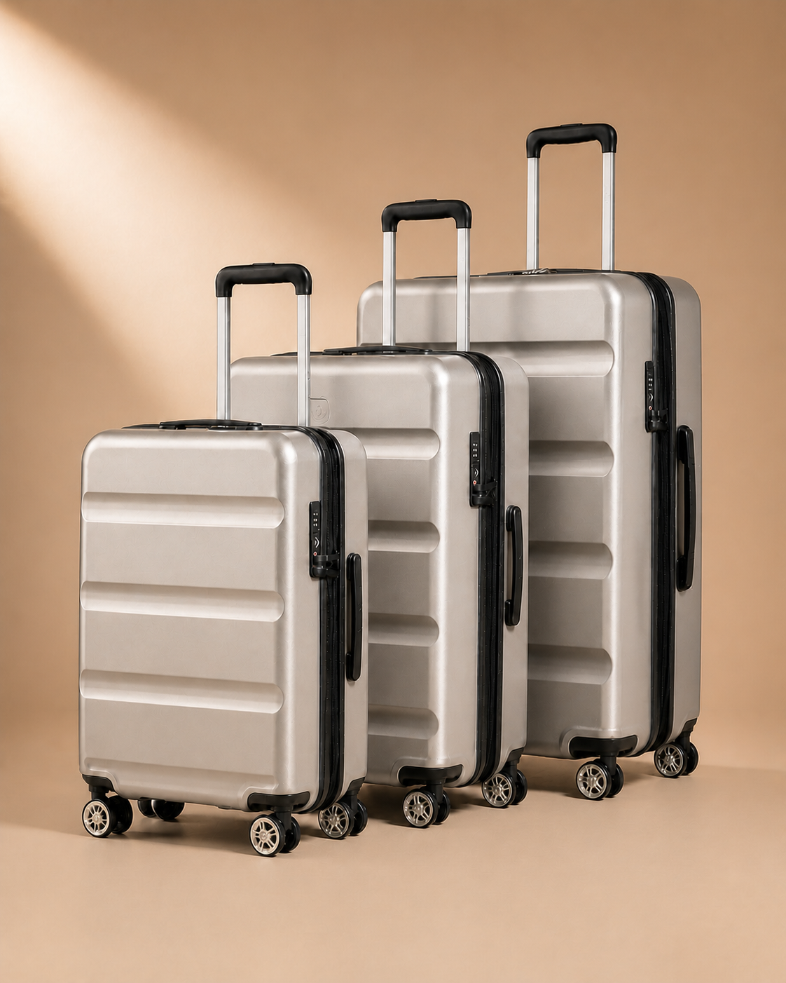 Amroth 3 Piece Hard Shell Suitcase Set in Silver, premium hard shell luggage set with 19, 24 and 28 inch suitcases.