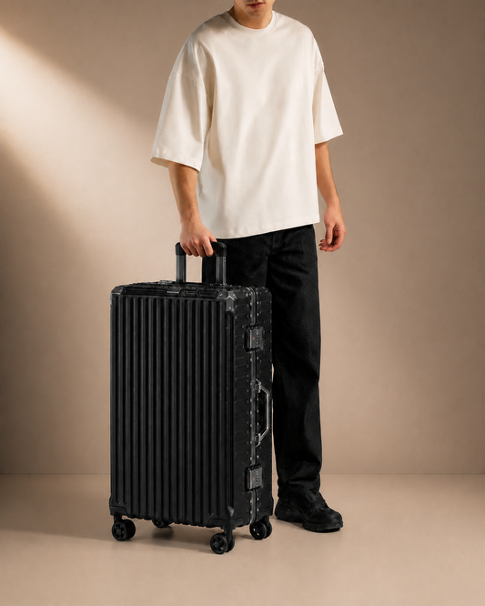 Black ribbed cabin suitcase carried by model in a premium studio travel scene