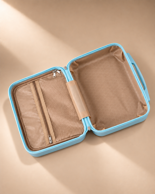 Top-down open light blue Mawgan 14 inch makeup travel case with beige organiser interior and mesh zipper pocket