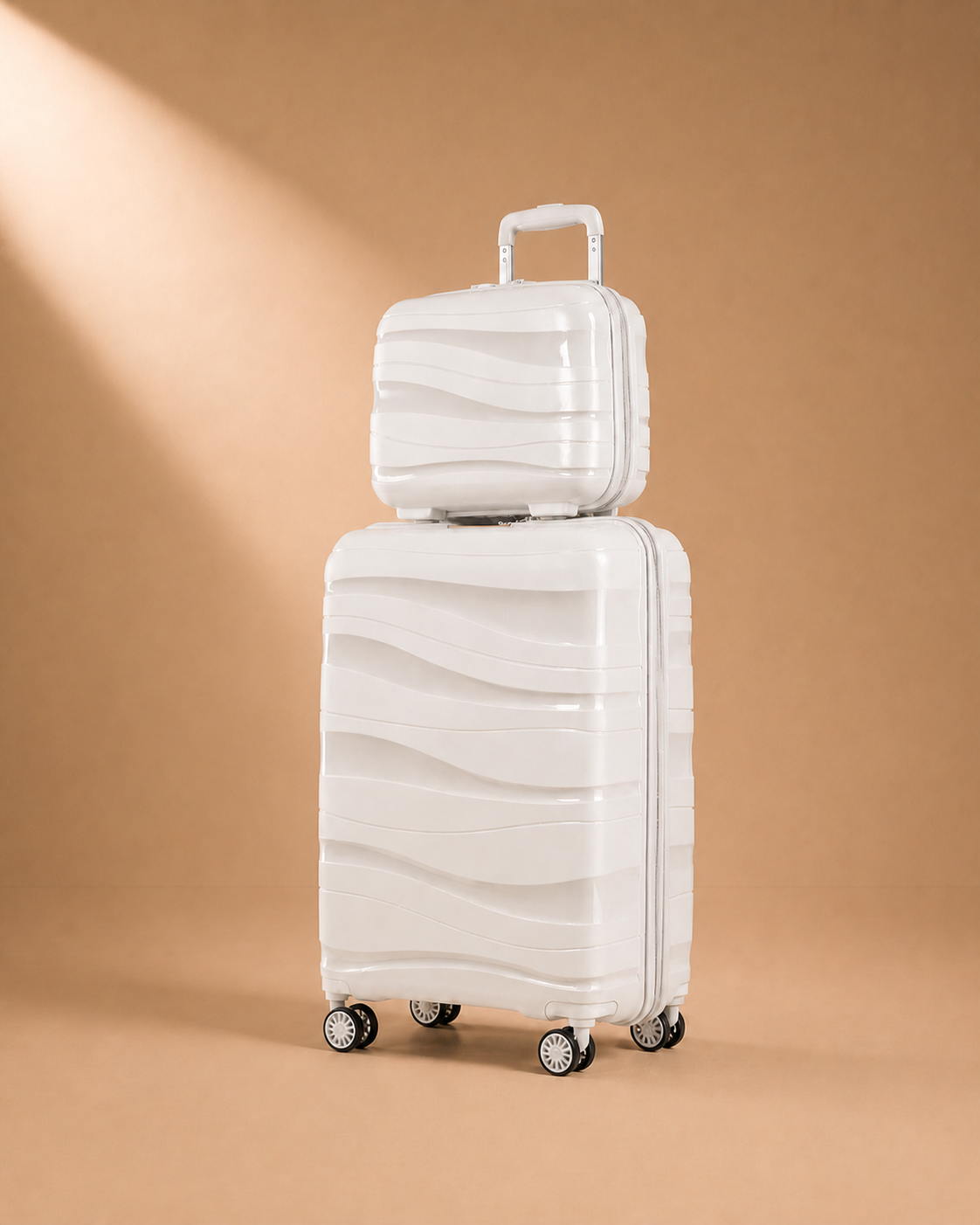 White hard shell travel makeup case set on a warm studio background