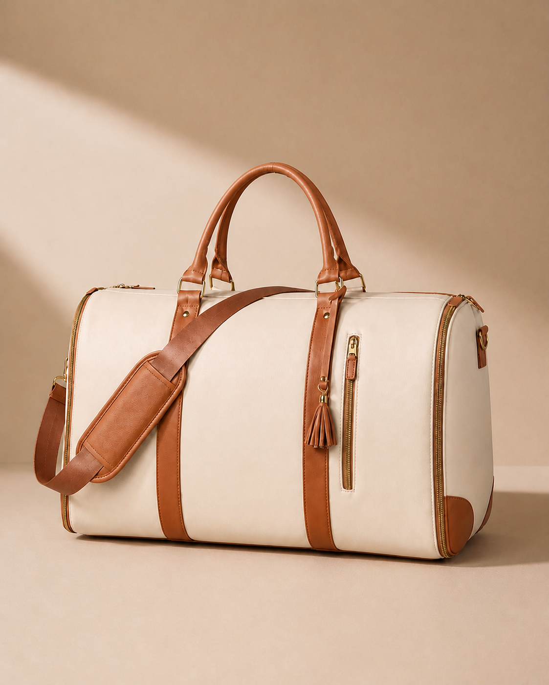 Beige garment travel bag with tan handles and shoulder strap