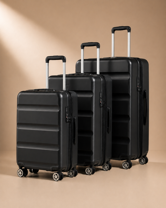 Amroth 3 Piece Hard Shell Suitcase Set in Black, premium hard shell luggage set with 19, 24 and 28 inch suitcases.