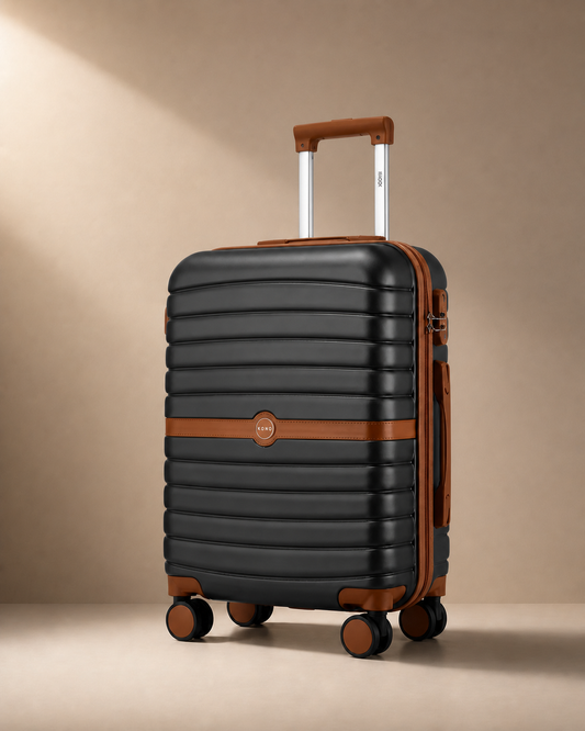 Black Padstow lightweight hard shell cabin suitcase with brown trim
