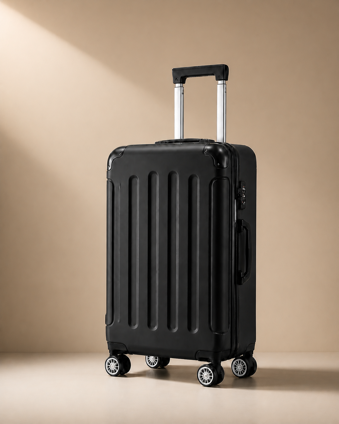 Lulworth Hard Shell Trolley Cabin Suitcase - 20 Inch - Black clean premium studio image. Smooth background, polished suitcase finish, high-end travel product photography.