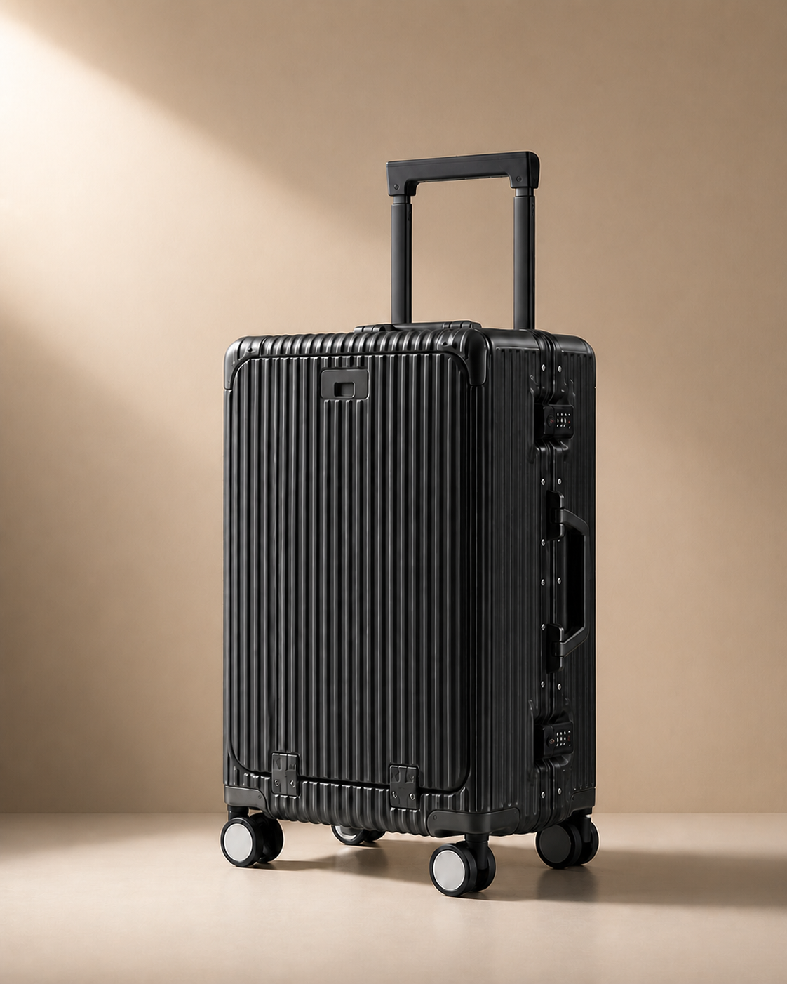 Polperro Aluminium Frame Cabin Suitcase with Cup Holder - 20/24/26 Inch - Black colour variant. Clean premium studio product photography with smooth background and polished suitcase finish.