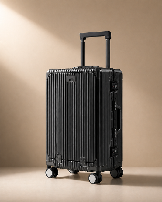 Polperro Aluminium Frame Cabin Suitcase with Cup Holder - 20/24/26 Inch - Black colour variant. Clean premium studio product photography with smooth background and polished suitcase finish.