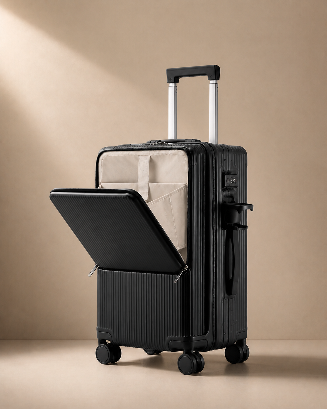 Black Looe Aluminium Frame Cabin Suitcase with Cup Holder and USB Port - 20/24/26 Inch