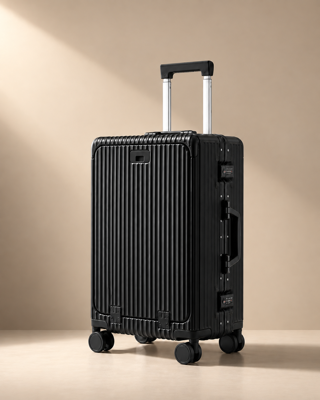 Sennen black aluminium frame cabin suitcase with ribbed hard shell, telescopic handle and spinner wheels - premium travel luggage