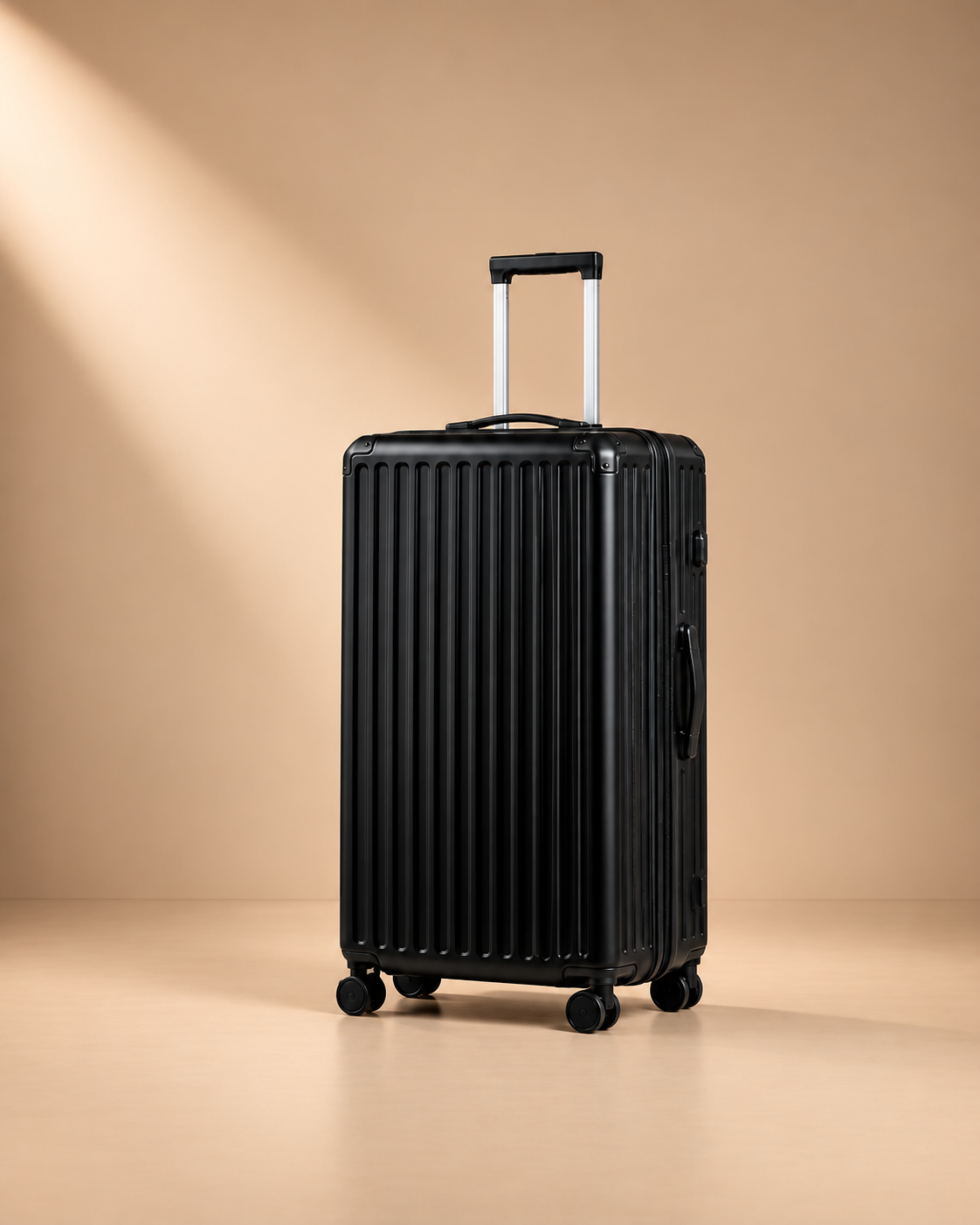 Tresaith black 4 piece hard shell suitcase set with ribbed design, telescopic handle and spinner wheels