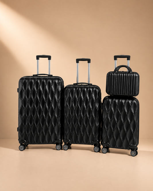 Anstruther black 4 piece hard shell suitcase set with travel bag, glossy quilted luggage and spinner wheels