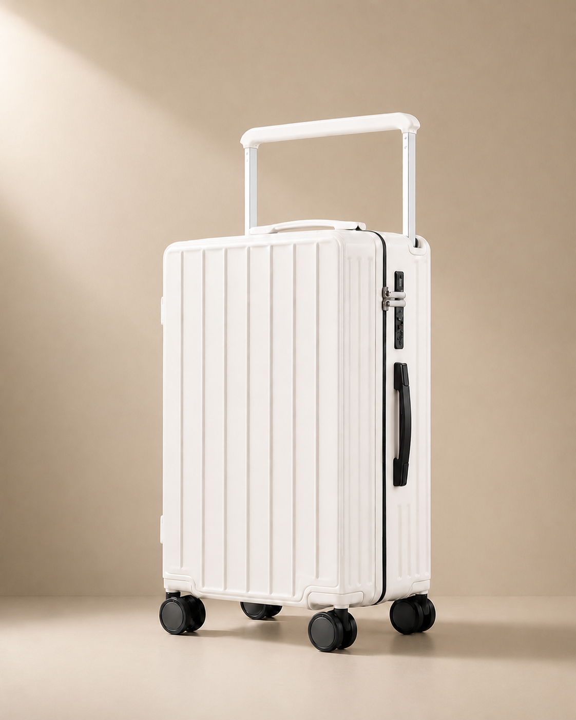 Portloe white cabin suitcase with vertical grooves, premium studio product view