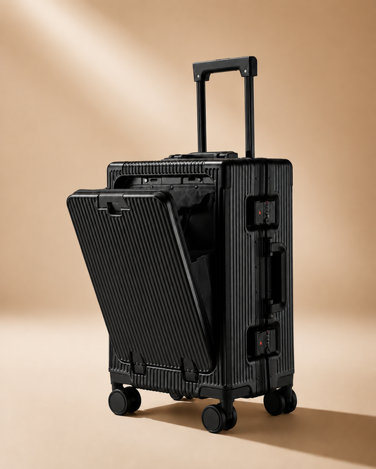Talland front-opening cabin suitcase in black, premium studio product view