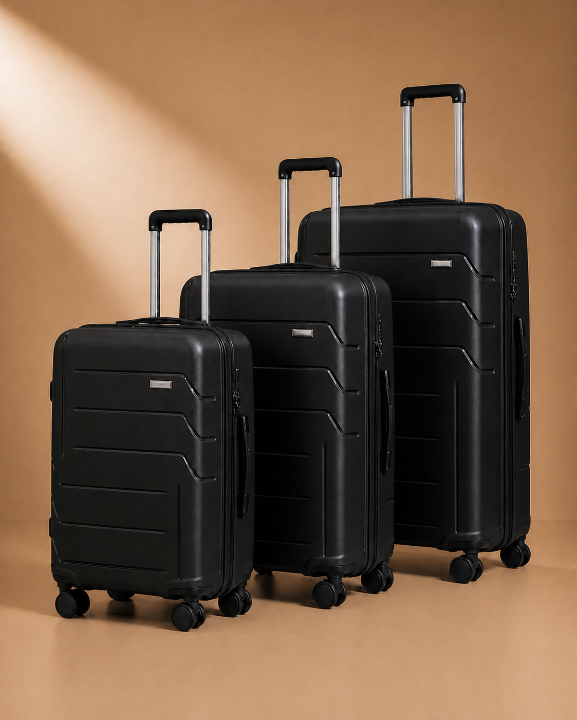 Plockton black three-piece suitcase set, premium studio product view