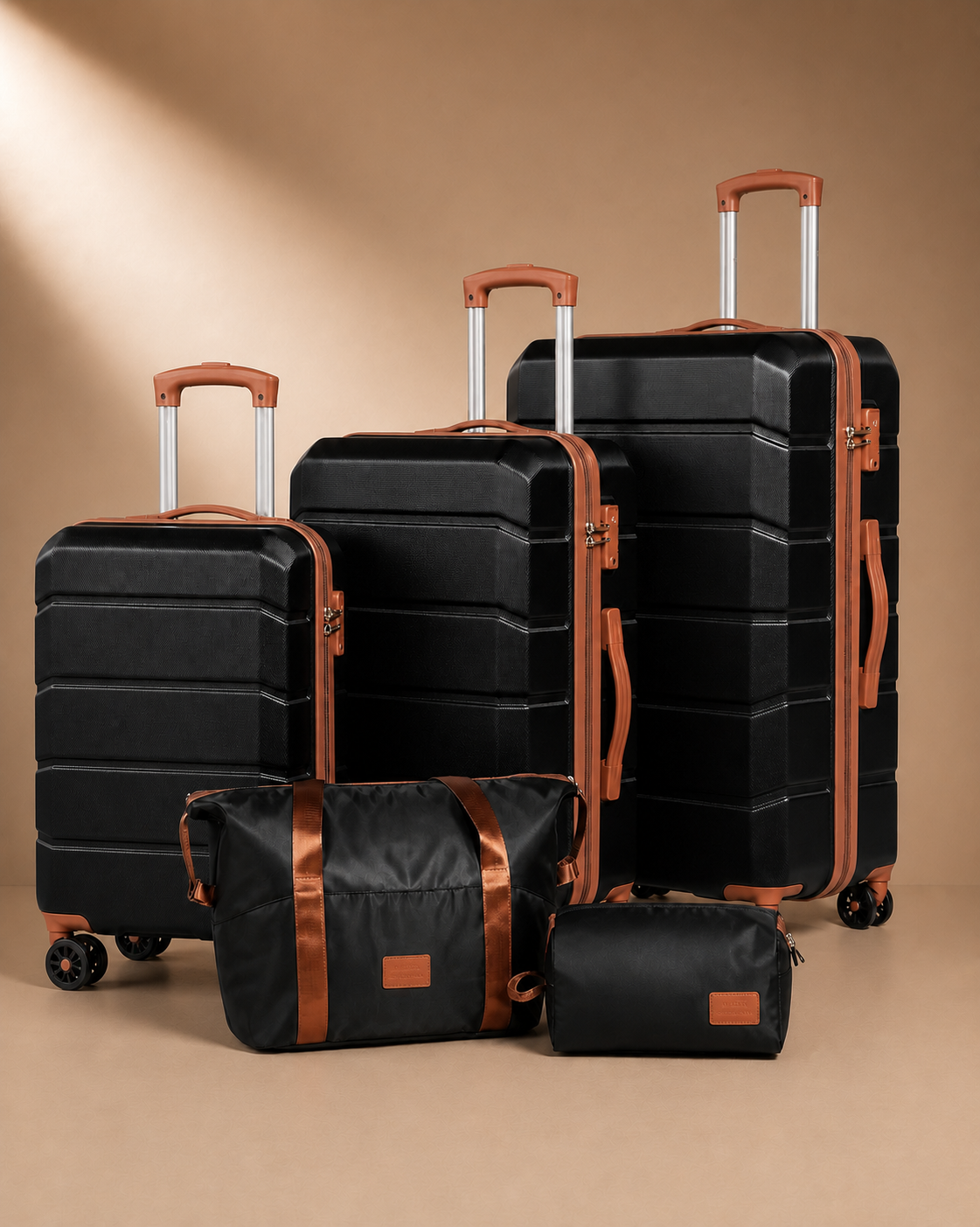 Lavenham 5 Piece Hard Shell Suitcase Set with Travel Bag - 20/24/28 Inch in Black