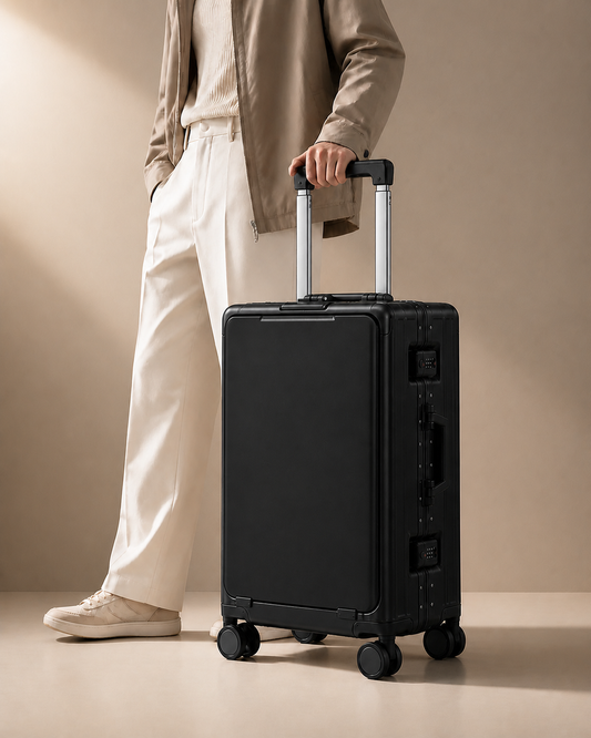 Zennor Aluminium Frame Cabin Suitcase in Black - lifestyle view