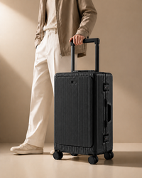 Polperro Aluminium Frame Cabin Suitcase with Cup Holder - 20/24/26 Inch - lifestyle studio view. Clean premium studio product photography with smooth background and polished suitcase finish.