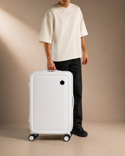 Beesands hard shell cabin suitcase in white - lifestyle carry view