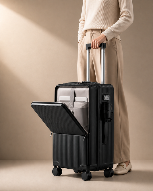 Looe Aluminium Frame Cabin Suitcase with front opening pocket in lifestyle studio setting