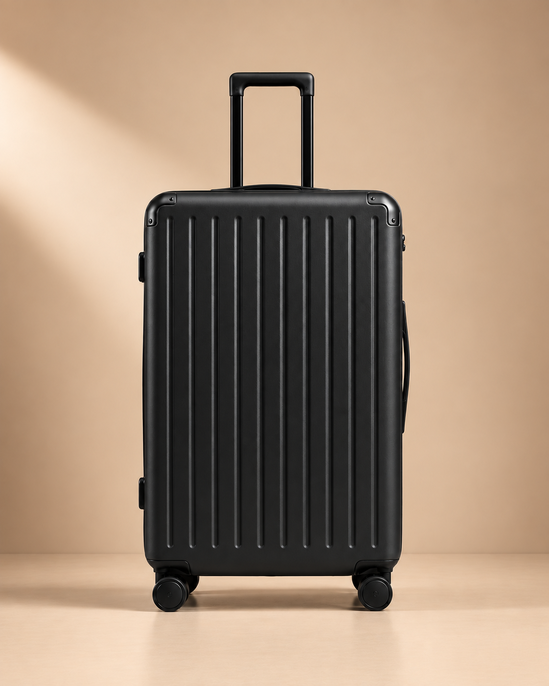 Tresaith black hard shell suitcase rear view with ribbed shell, corner protectors and smooth spinner wheels