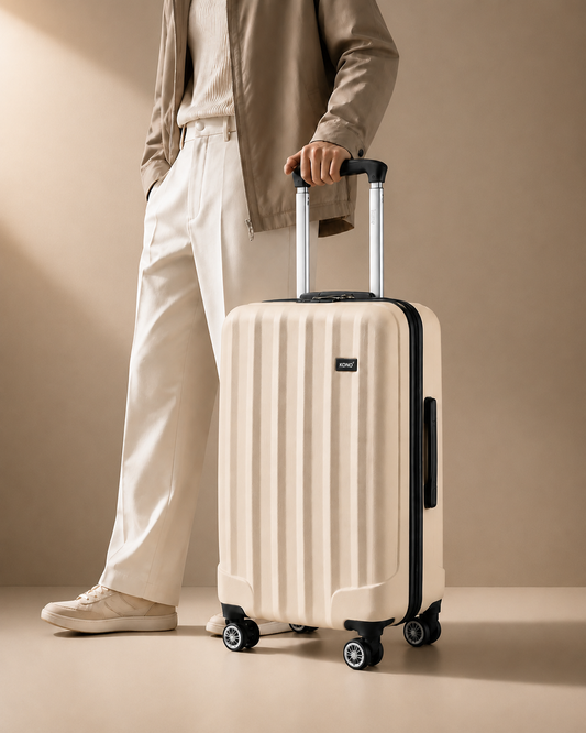 Exmouth beige hard shell cabin suitcase with traveller, premium studio lifestyle view