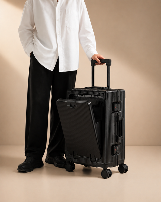 Talland black front-opening cabin suitcase with traveller, premium studio lifestyle view
