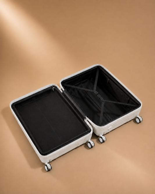 Portloe white cabin suitcase open interior, premium studio product view