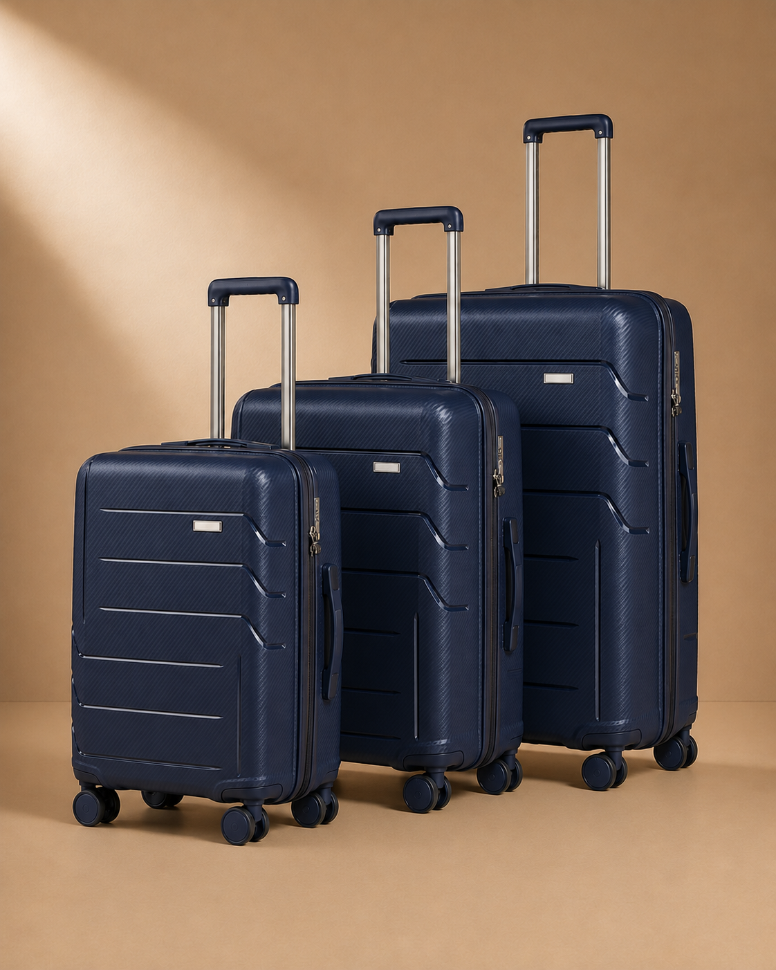 Plockton blue three-piece suitcase set, premium studio product view