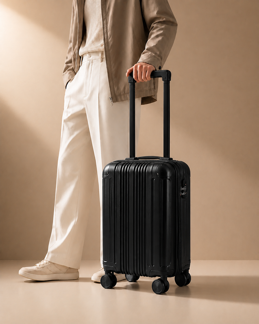 Warkworth lightweight cabin suitcase shown in a premium studio travel setting