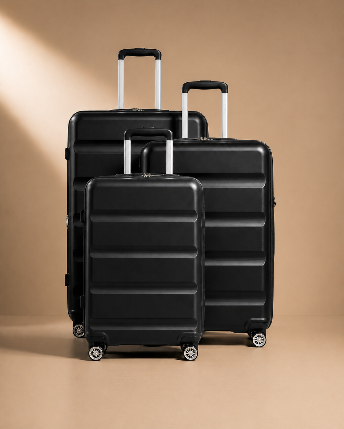 Amroth 3 Piece Hard Shell Suitcase Set, front view of the complete 19, 24 and 28 inch luggage set.