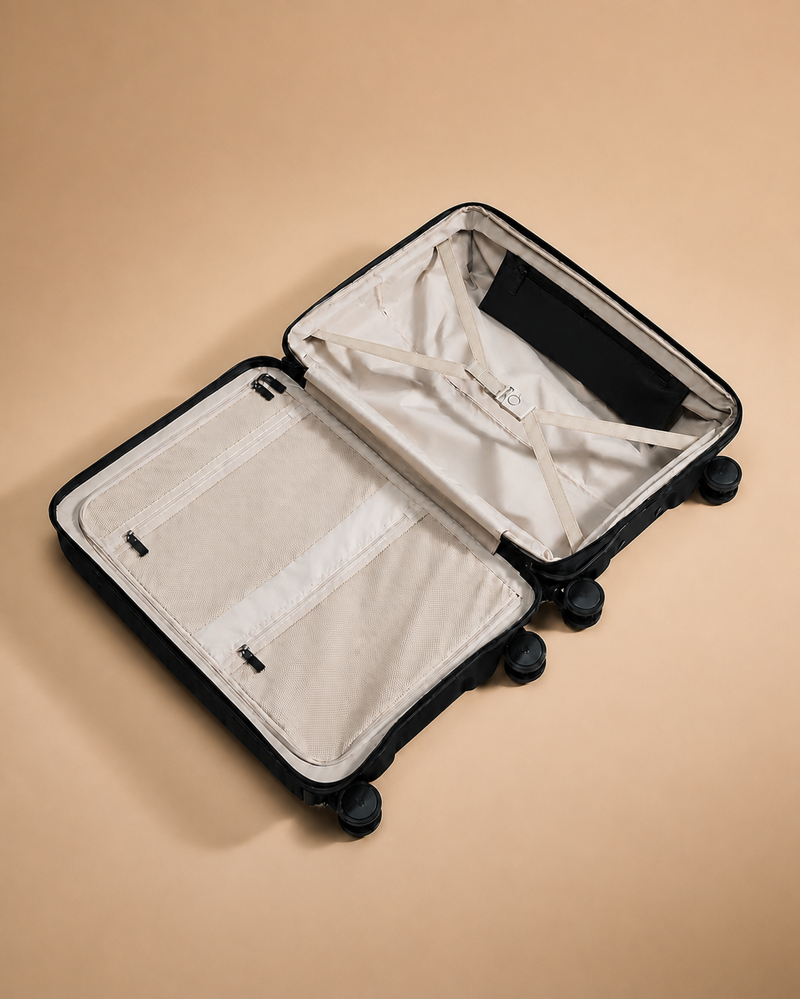 Tenby suitcase — open interior and storage compartments