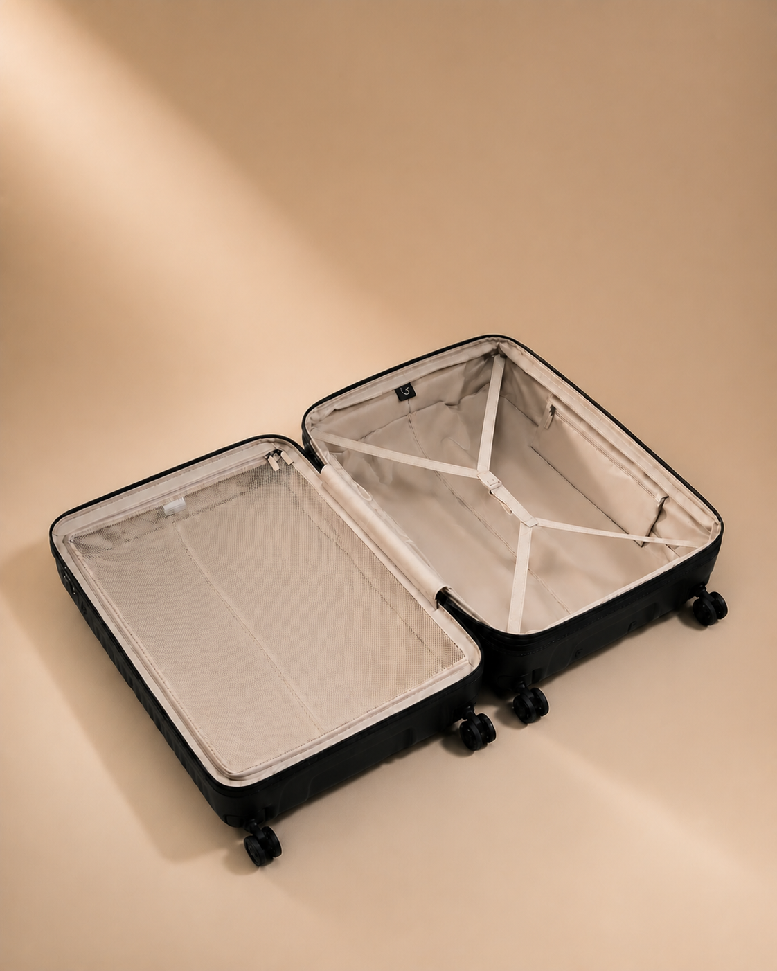 Lulworth Hard Shell Trolley Cabin Suitcase - 20 Inch - Open interior clean premium studio image. Smooth background, polished suitcase finish, high-end travel product photography.