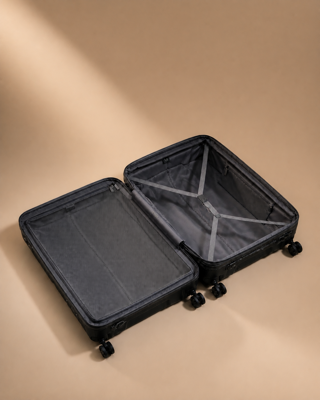 Polperro Aluminium Frame Cabin Suitcase with Cup Holder - 20/24/26 Inch - open interior compartments. Clean premium studio product photography with smooth background and polished suitcase finish.