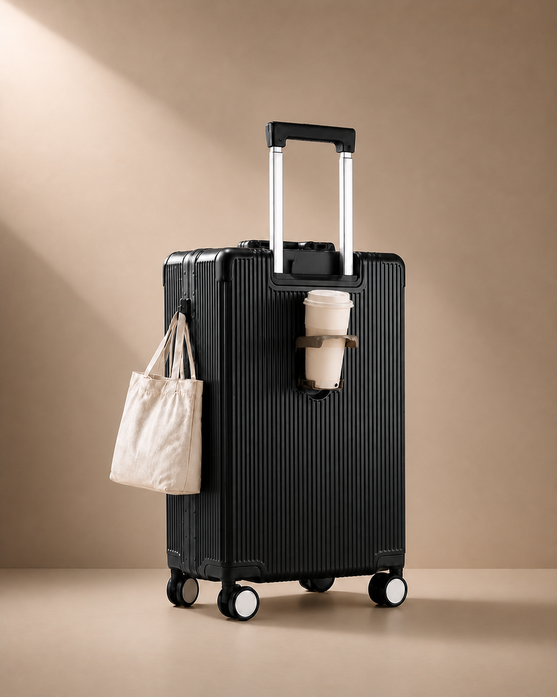 Looe Aluminium Frame Cabin Suitcase with cup holder, side hook and travel bag
