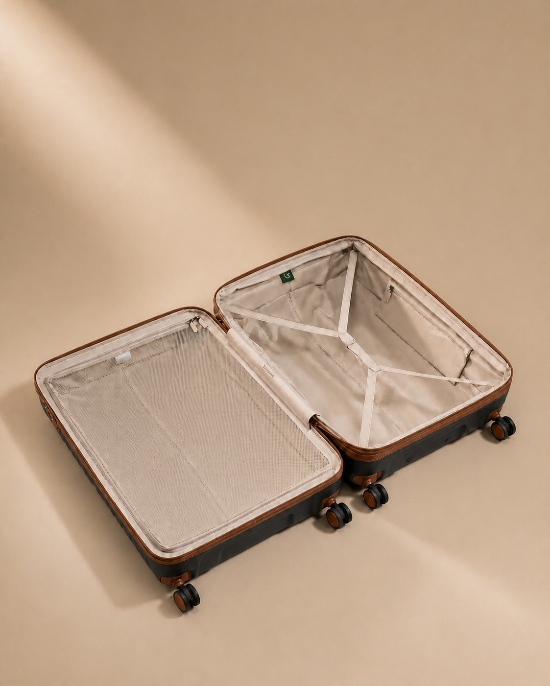 Open Padstow hard shell suitcase showing organised interior compartments