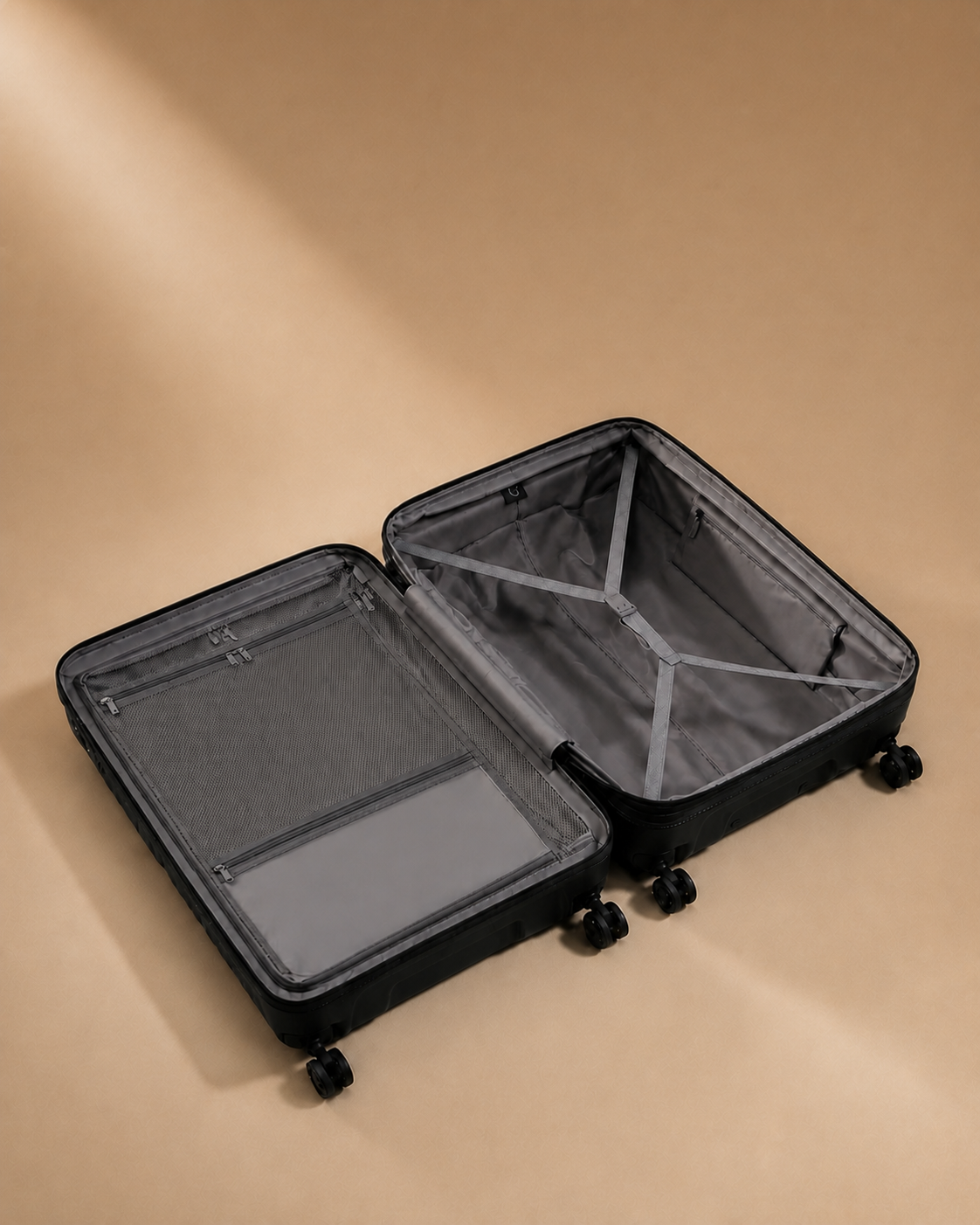 Open Mevagissey aluminium frame suitcase showing organised interior compartments