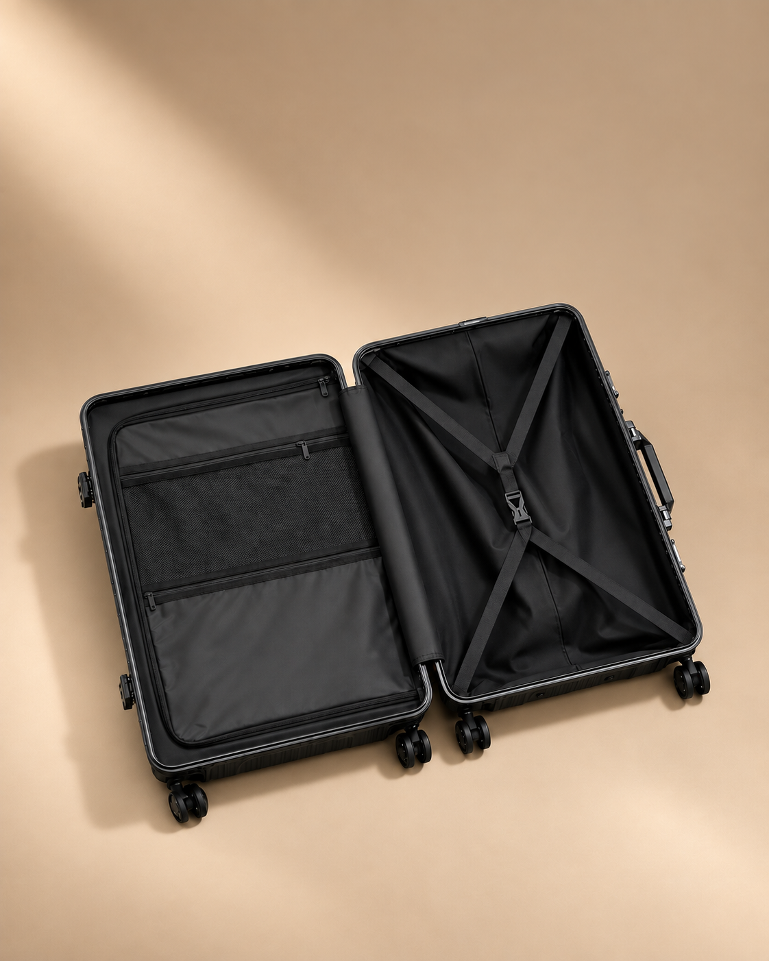 Sennen aluminium frame suitcase open interior with black lined compartments, mesh pockets and cross straps for organised travel