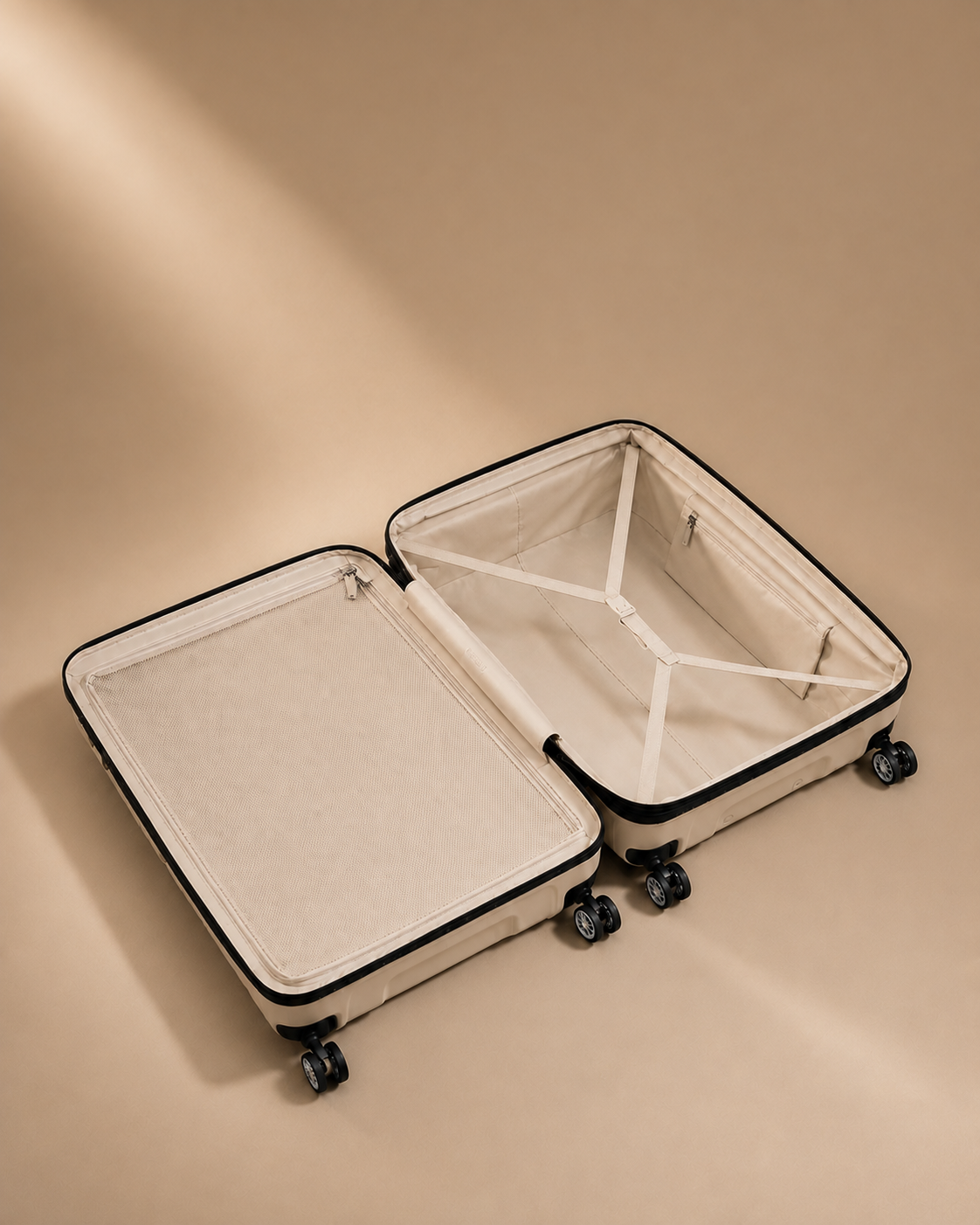 Exmouth beige hard shell cabin suitcase open interior, premium studio product view