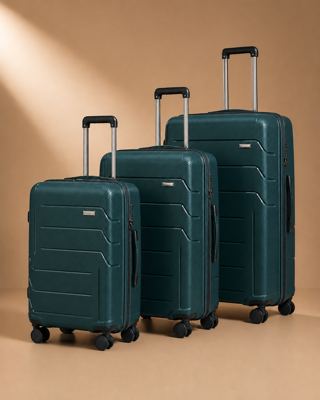 Plockton green three-piece suitcase set, premium studio product view