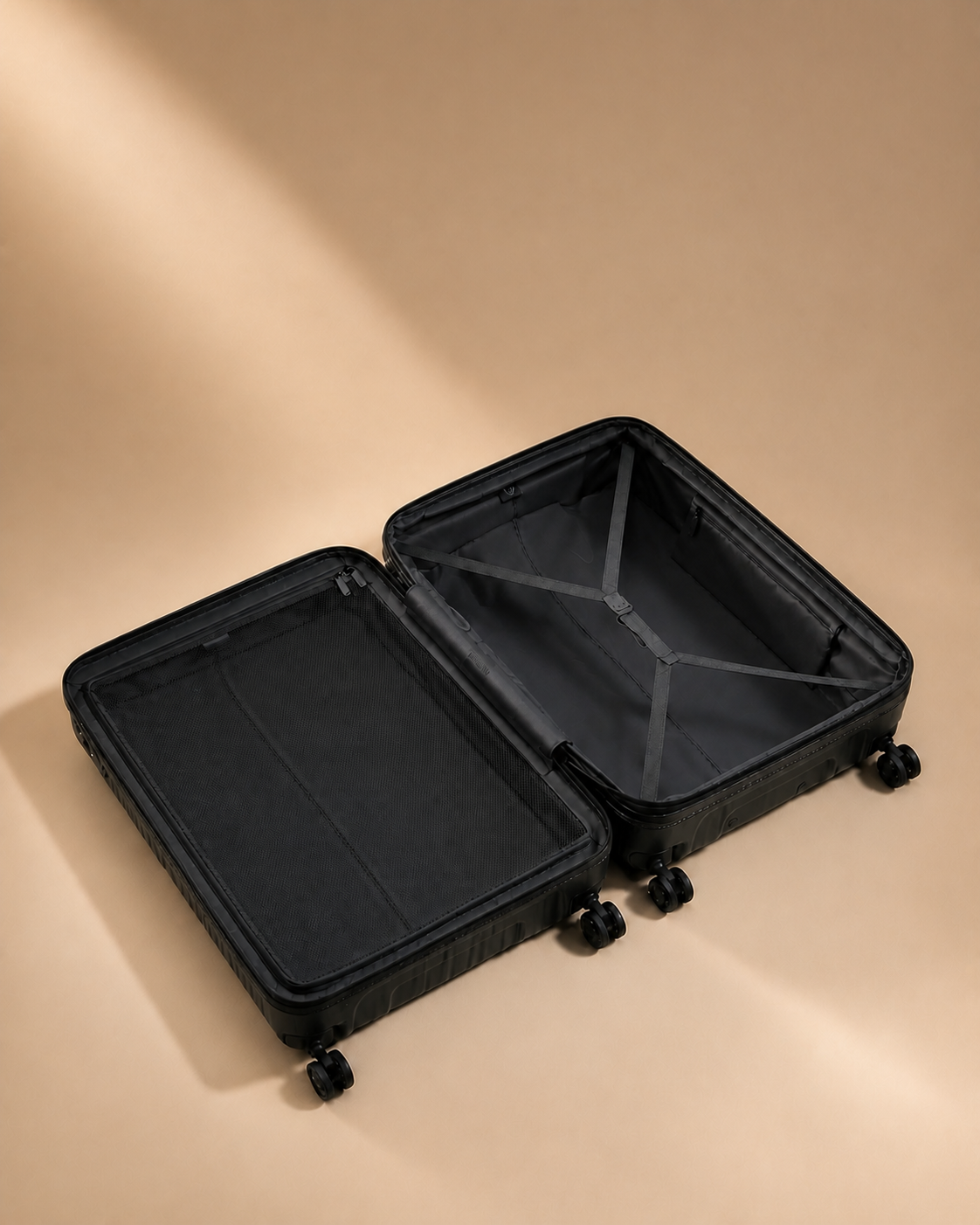 Warkworth lightweight cabin suitcase open interior with organised compartments and straps