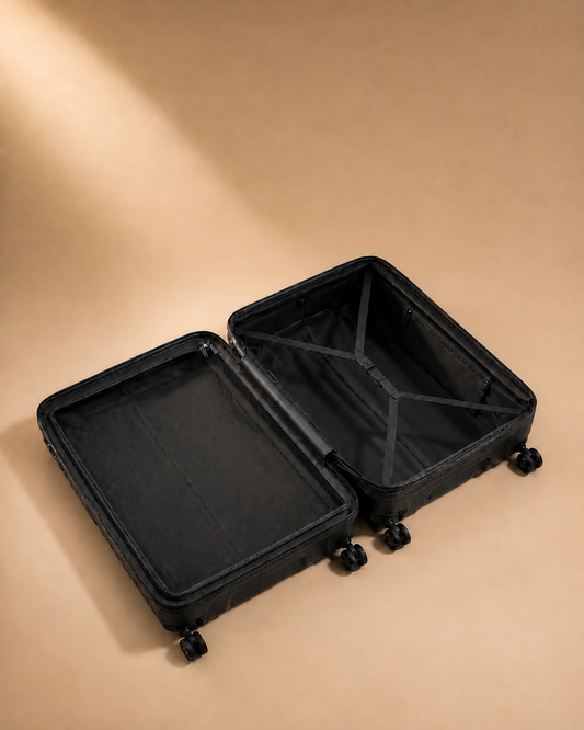 Veryan cabin suitcase open interior with organised compartments and straps