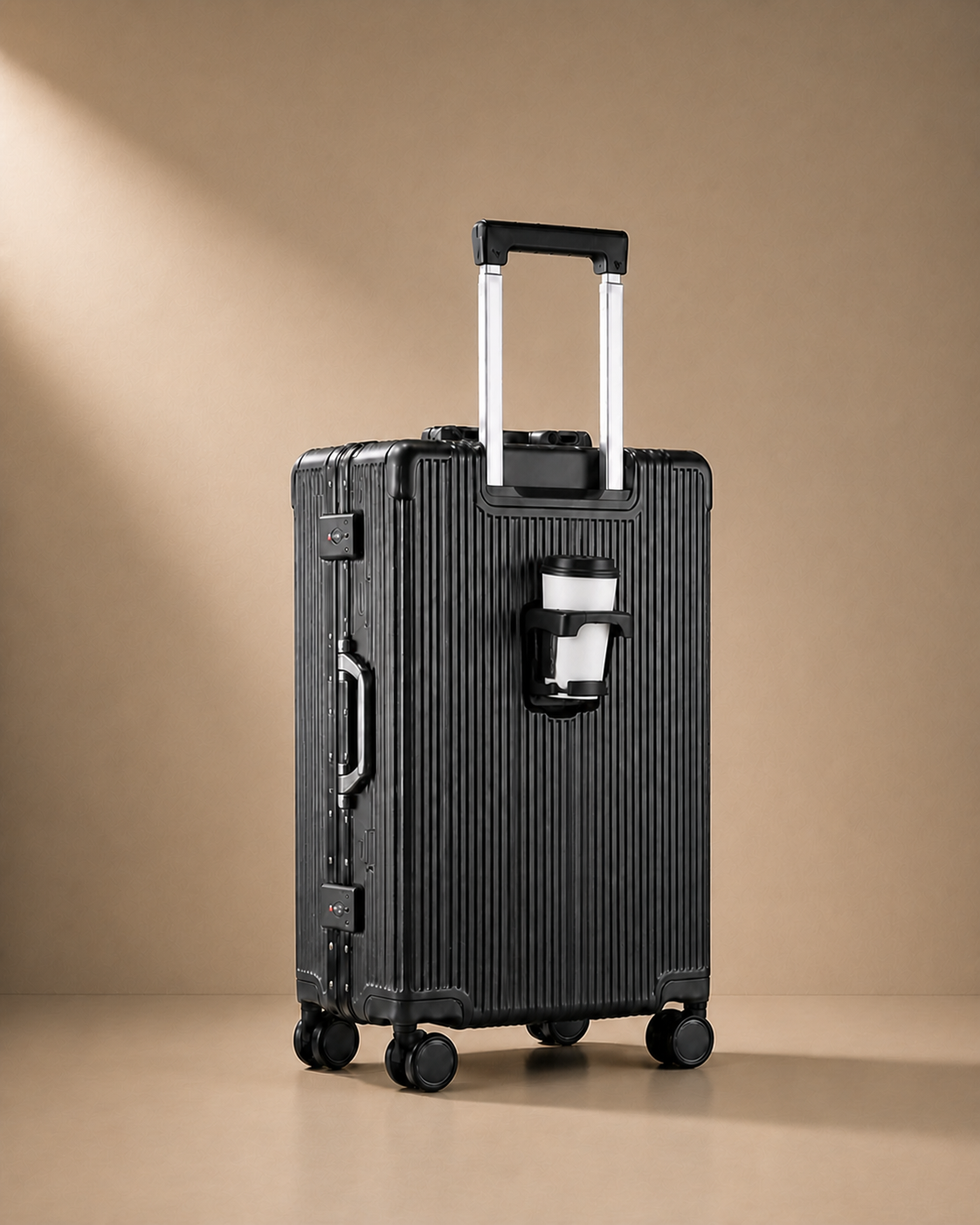 Appledore Front-Opening Cabin Suitcase with USB Port - 20/24 Inch - rear view with cup holder studio product photo