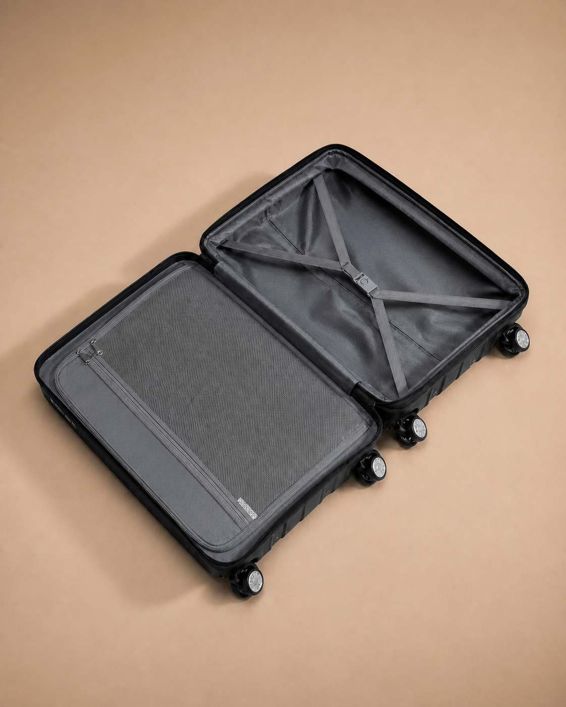 Amroth 3 Piece Hard Shell Suitcase Set, open suitcase interior with organised packing compartments.
